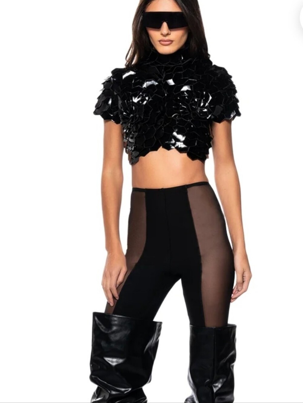 AKIRA In Bloom Black Faux Leather Floral Crop Top Size Large NWT - Picture 11 of 16